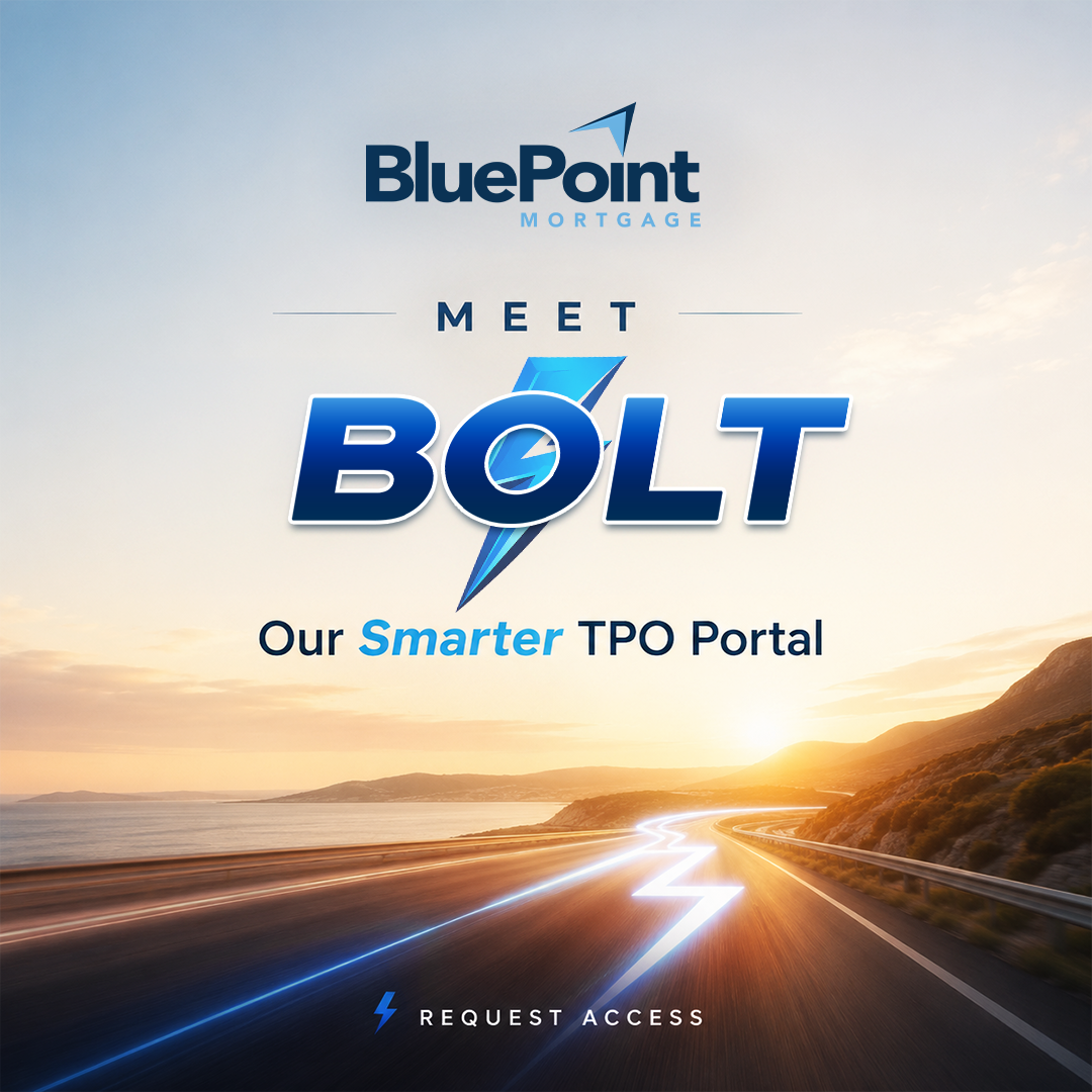 BOLT_07092026-2 BluePoint Mortgage Bolt TPO Portal graphic with a beach and surf theme, robot mascot, surfboard, ocean wave, and Request Access button.