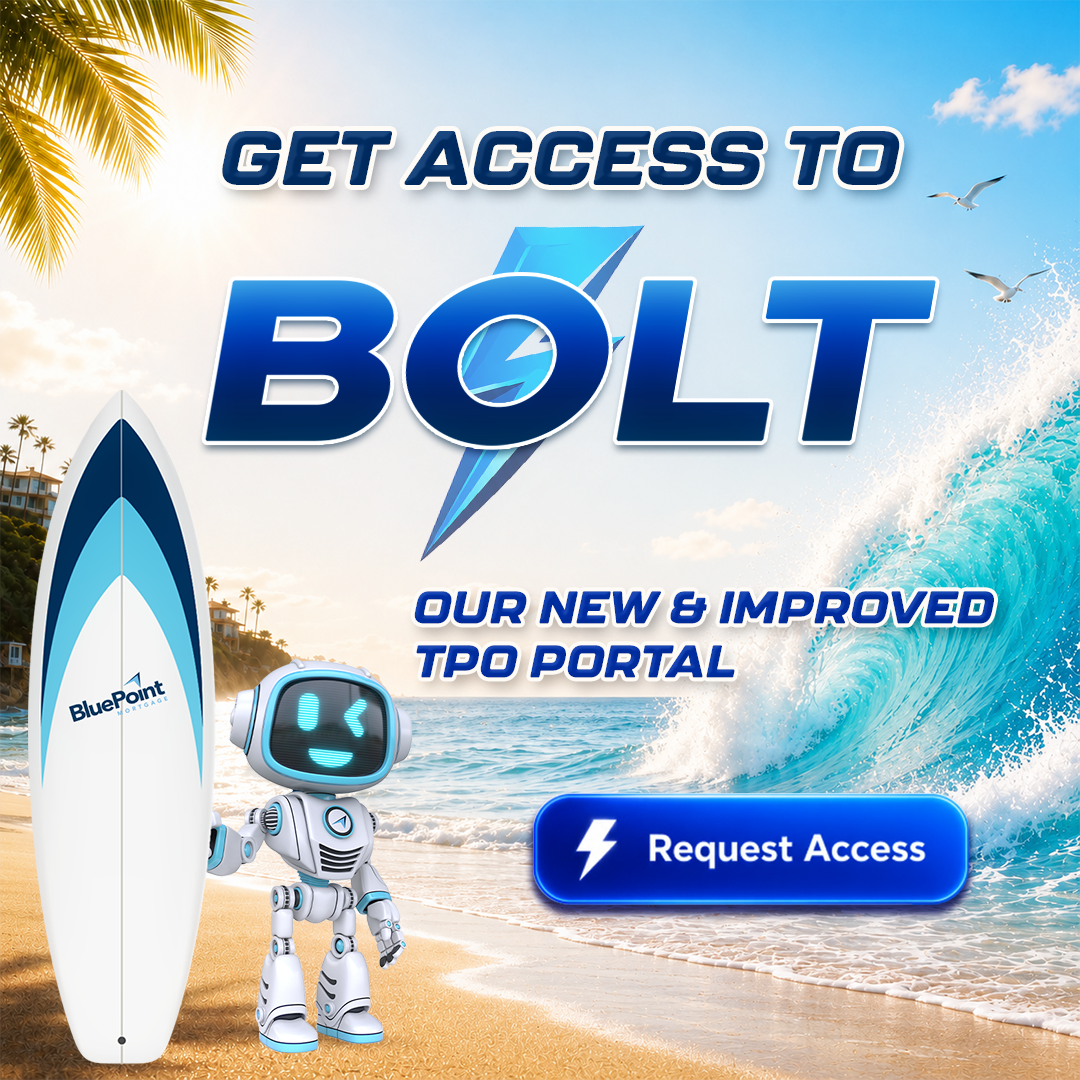 BluePoint Mortgage Bolt TPO Portal graphic with a beach and surf theme, robot mascot, surfboard, ocean wave, and Request Access button.