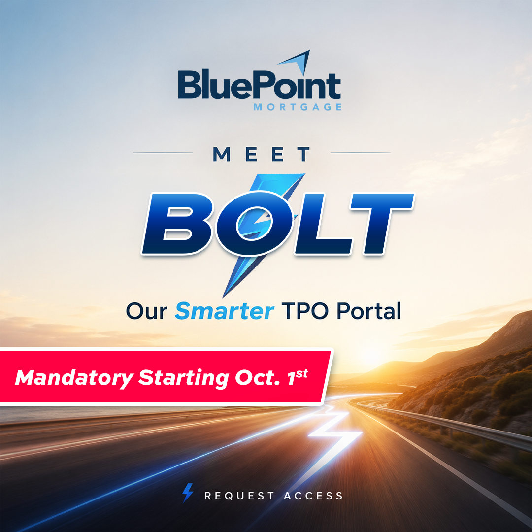 BluePoint Mortgage Meet BOLT graphic featuring a coastal highway, glowing lightning path, and the message Our Smarter TPO Portal with a request access call to action.