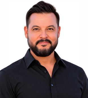 Professional headshot of Edgar Urias, BluePoint Mortgage Account Executive, wearing a black collared shirt and looking directly at the camera against a clean white background.
