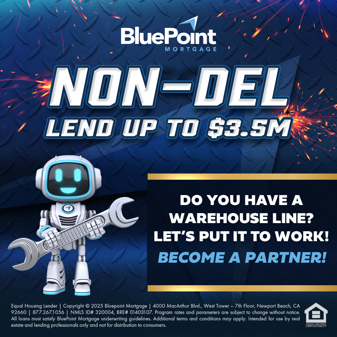 This graphic promotes BluePoint Mortgage’s Non-Delegated Correspondent Program, featuring Blue — the BluePoint robot mascot — holding a wrapped holiday gift against a blue winter background with snowflakes. Large bold text reads “Become a Non-Delegated Correspondent Partner,” and a circular badge displays BluePoint’s Google Reviews rating of 4.8 stars. The design conveys trust, partnership, and year-end opportunity for mortgage brokers and small lenders looking to expand their lending model and fund loans in their own name. The image visually reinforces BluePoint Mortgage’s strong service reputation and its commitment to supporting Non-Delegated Correspondent lenders with reliable underwriting, competitive pricing, and a premium partnership experience. It is targeted at mortgage brokers and independent lenders who want more control, faster closings, stronger margins, and a proven investor partner with exceptional service ratings.